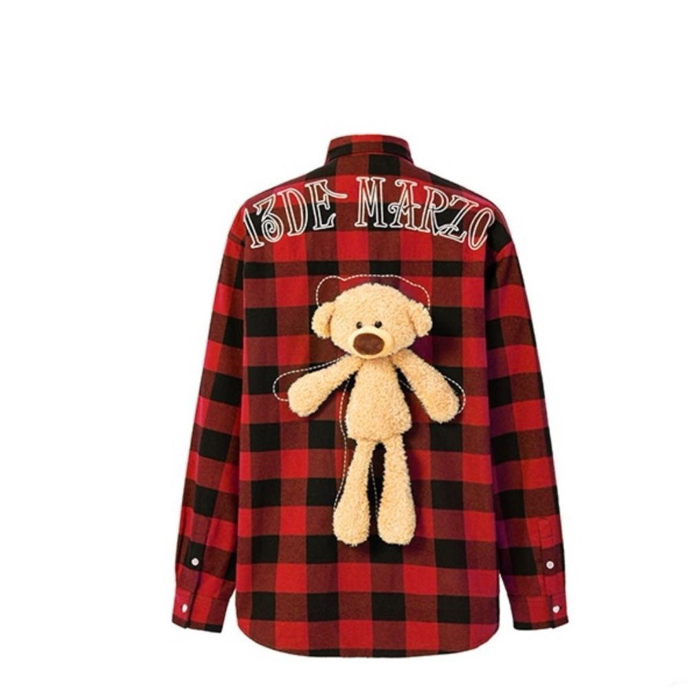 brand new 13DE MARIO Red and Black Plaid Shirt with Teddy Bear Design